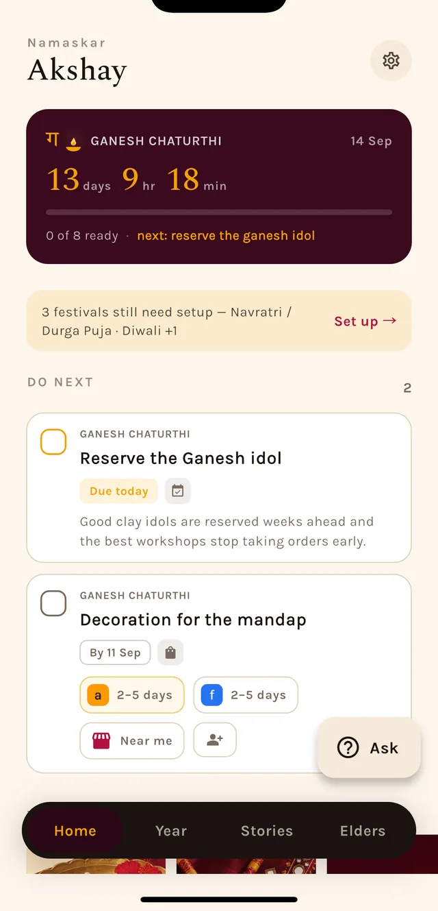 Parampara home screen showing a Ganesh Chaturthi countdown and today's prep tasks