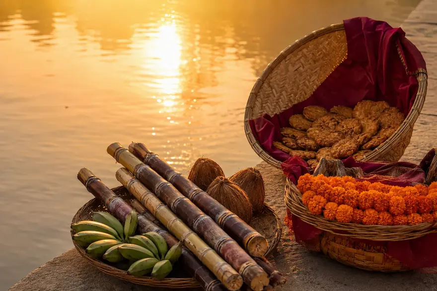 Chhath baskets at sunset by the water