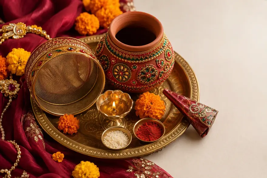 A decorated karva and sieve laid out for Karva Chauth