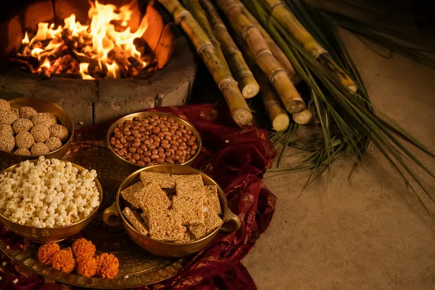 A Lohri bonfire with rewri and popcorn
