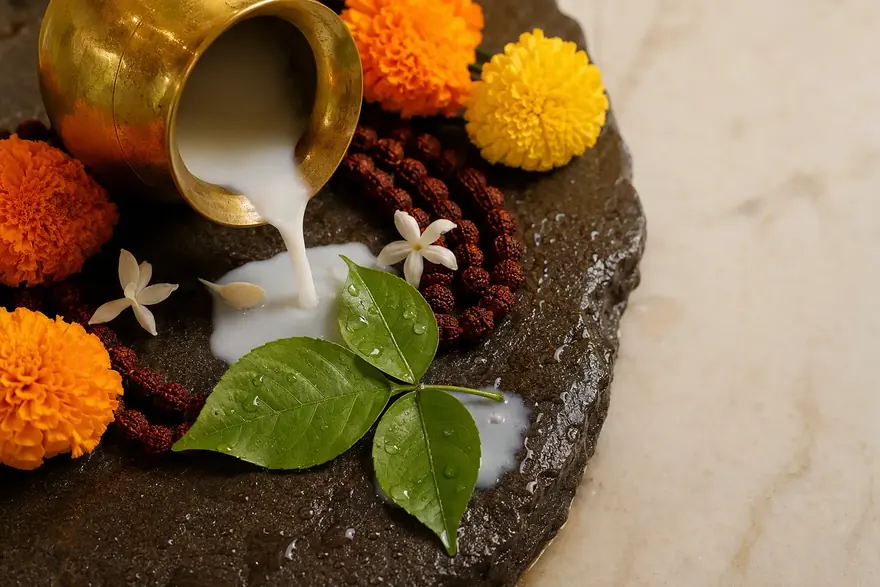 Bel patra and a brass lota on wet stone